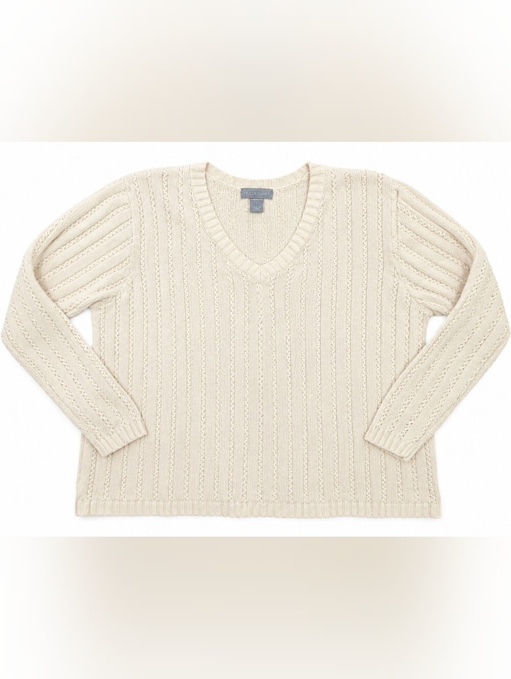 VTG Eddie Bauer Cream Cotton Cable Knit Fisherman Knit Pullover Sweater 90s L